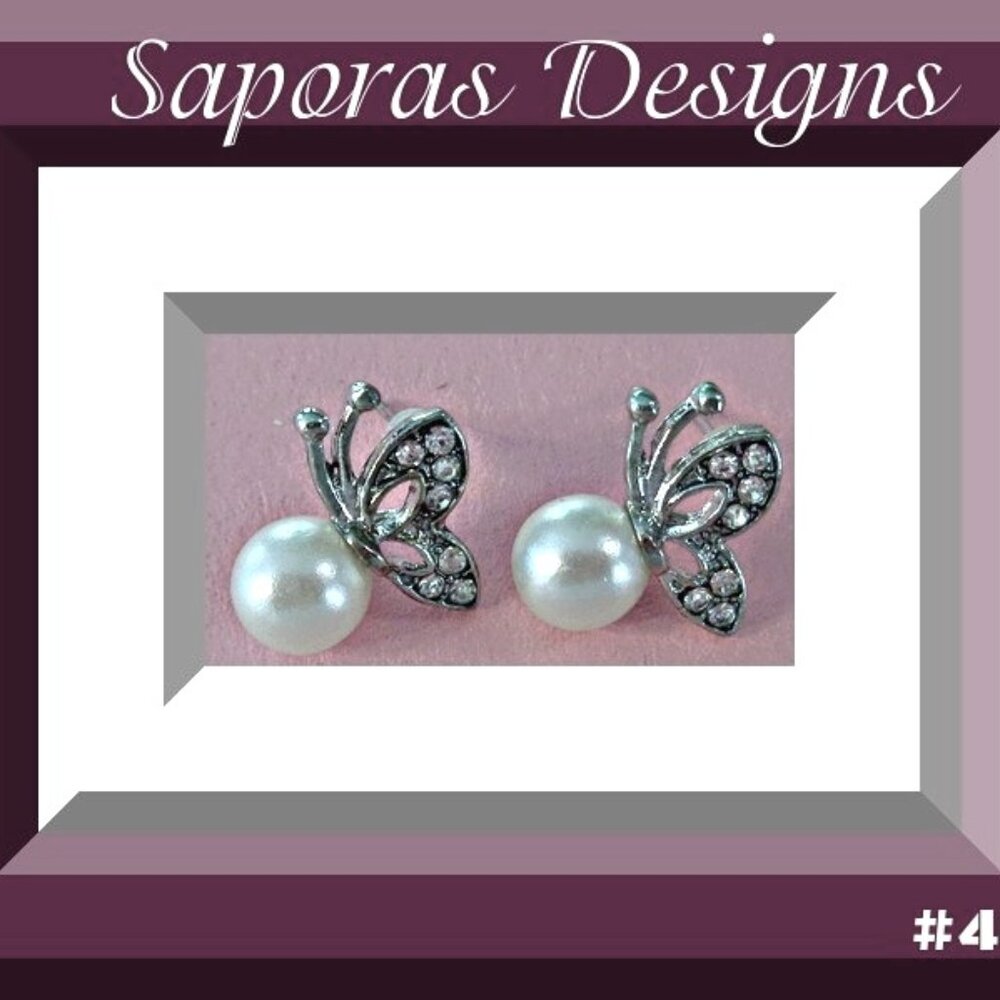 Silver Tone Butterfly Design Stud Earrings With Clear Crystals White Faux Pearl